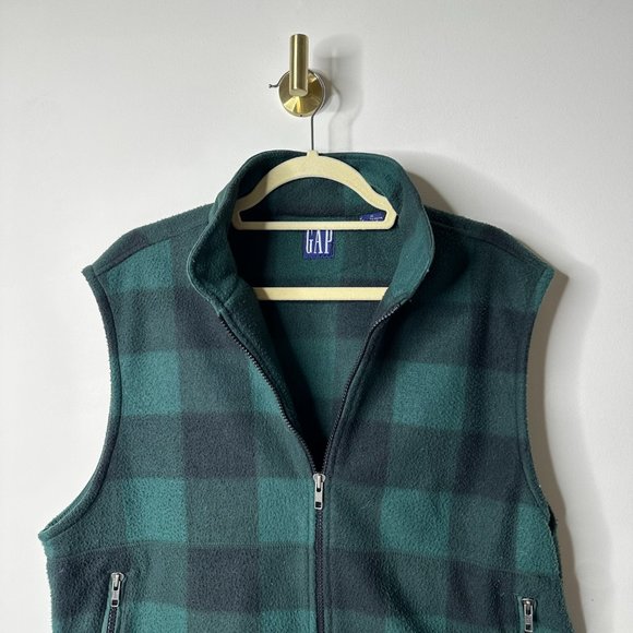 GAP Green/Black Plaid Full Zip Fleece Vest Men's Medium - Picture 2 of 4